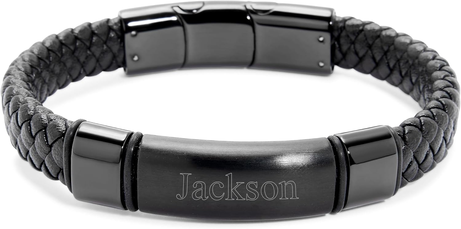EVE'S ADDICTION Custom Engraved Bracelets For Men - Men's Leather Black Id Bracelet - Name Bracelet - Personalize Men's Bracelet - Men's Jewelry - Birthday Gift for Him - Gifts for Dad