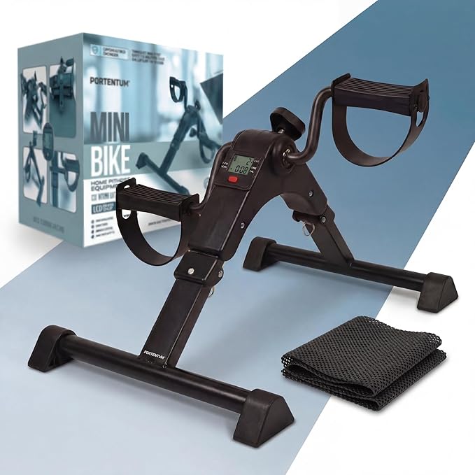 PORTENTUM Pedaliera riabilitazione per anziani con base migliorata e tappetino antiscivolo – Pieghevole – Schermo LCD – Mini cyclette da seduta braccia e gambe compatta con resistenza regolabile