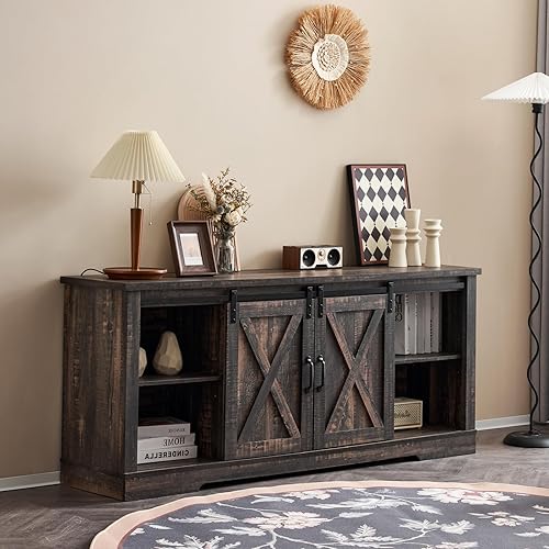 Miniatura 3 de AMERLIFE Soporte de TV de granja de 66 pulgadas para televisores de 75 pulgadas, centro de entretenimiento con puerta corrediza de granero y estante