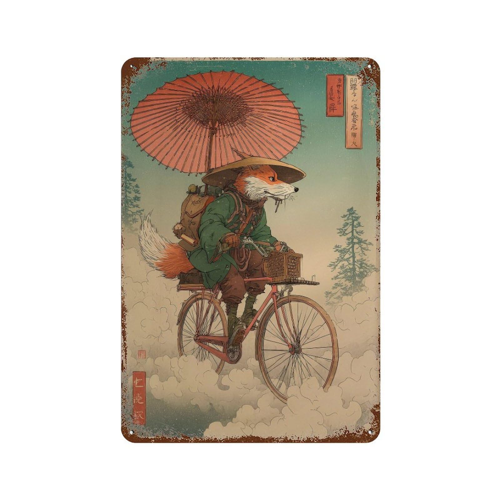 xiaoxiaoshen Fox On Bicycle. Ukiyo Wall Decor Art Metal Tin Poster Modern Home Decor Art Home Bar Shop Decorations Vintage Sign 30x20cm