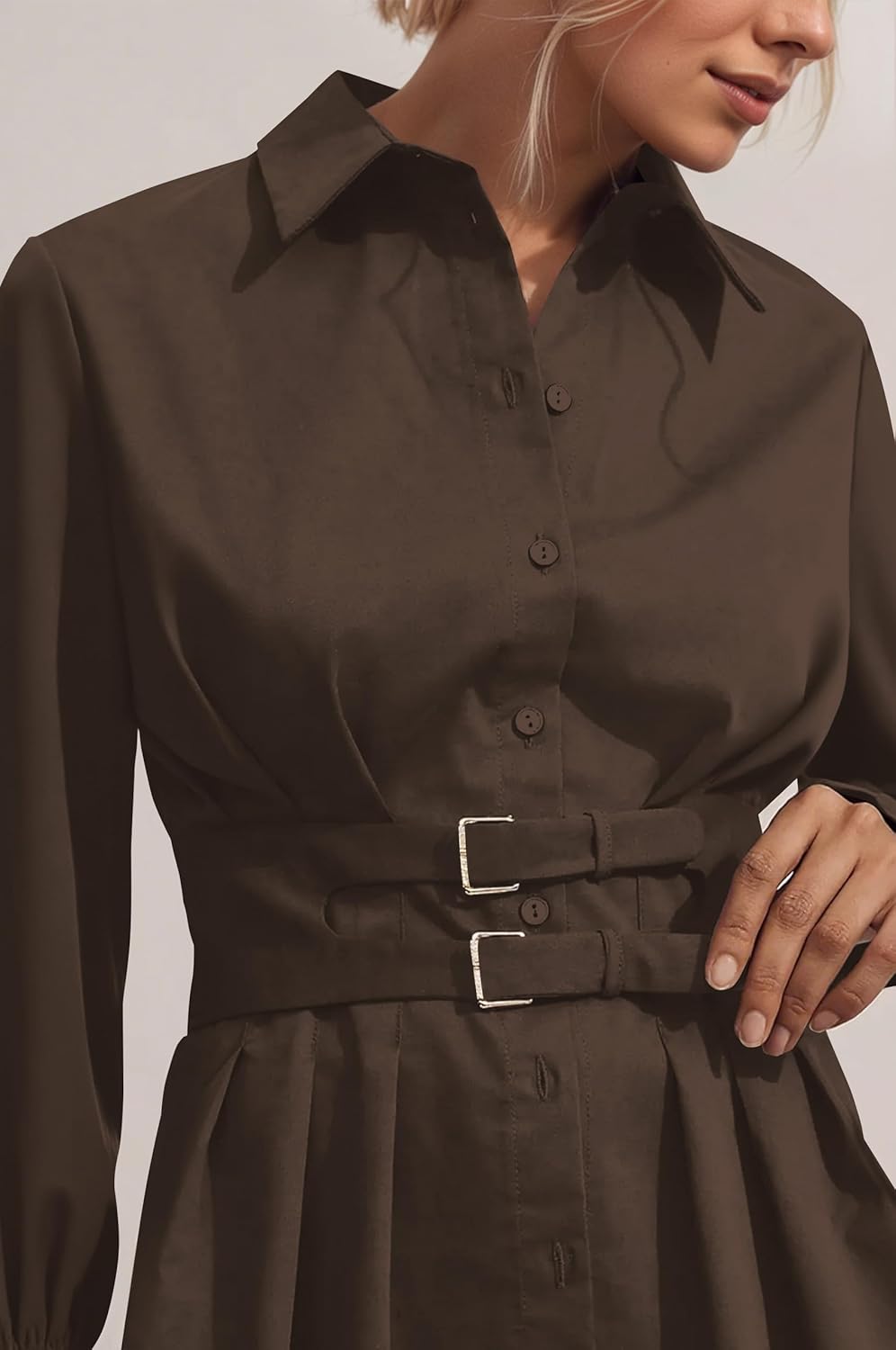 Women Long Sleeve Button Down Shirts Double Buckle Cinched Waist Lapel Collar Blouse Pleated Back Peplum Tunic Top - Image 2