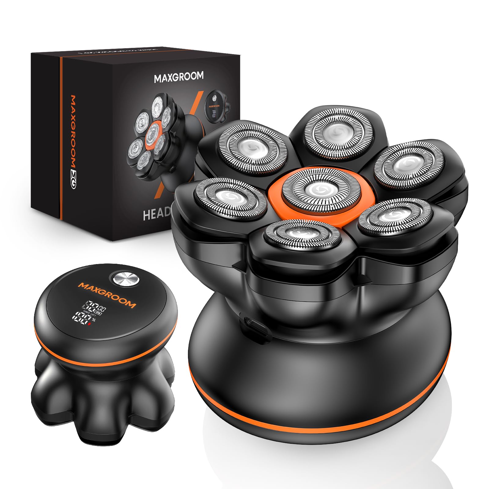 MAXGROOM Afeitadora Cabeza Hombre, Maquina Afeitar Hombre, Afeitadora para Calva en Seco y Húmedo, BaterÃa de Larga Duración, 7 Cabezales, Magnético, 100% impermeable, Color Negro ClimeCo Certified