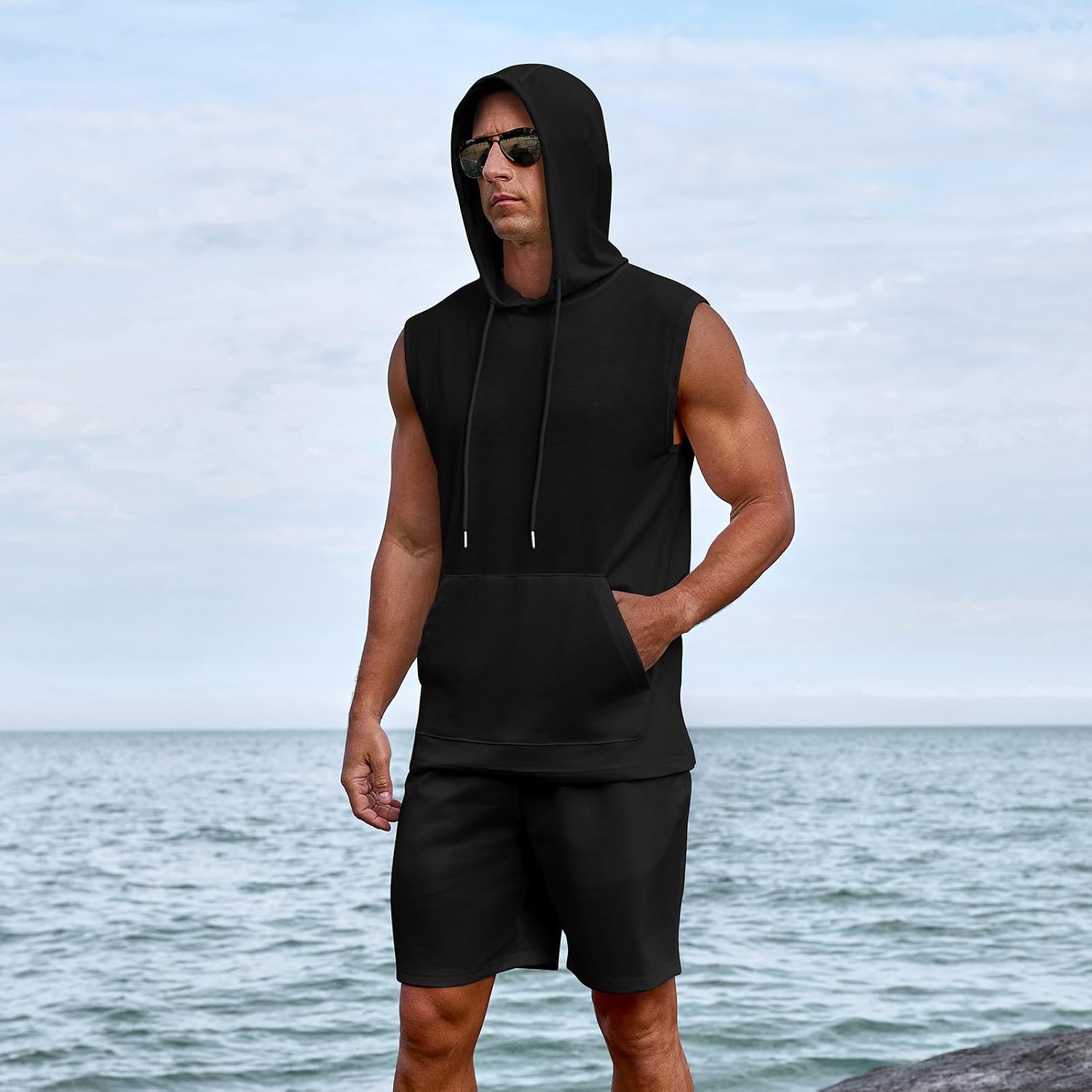 Uni Clau Men's Short Sleeve Summer Tracksuit Hooded Tanks Tops Sweatsuit 2 Piece Casual Sports Shorts Set