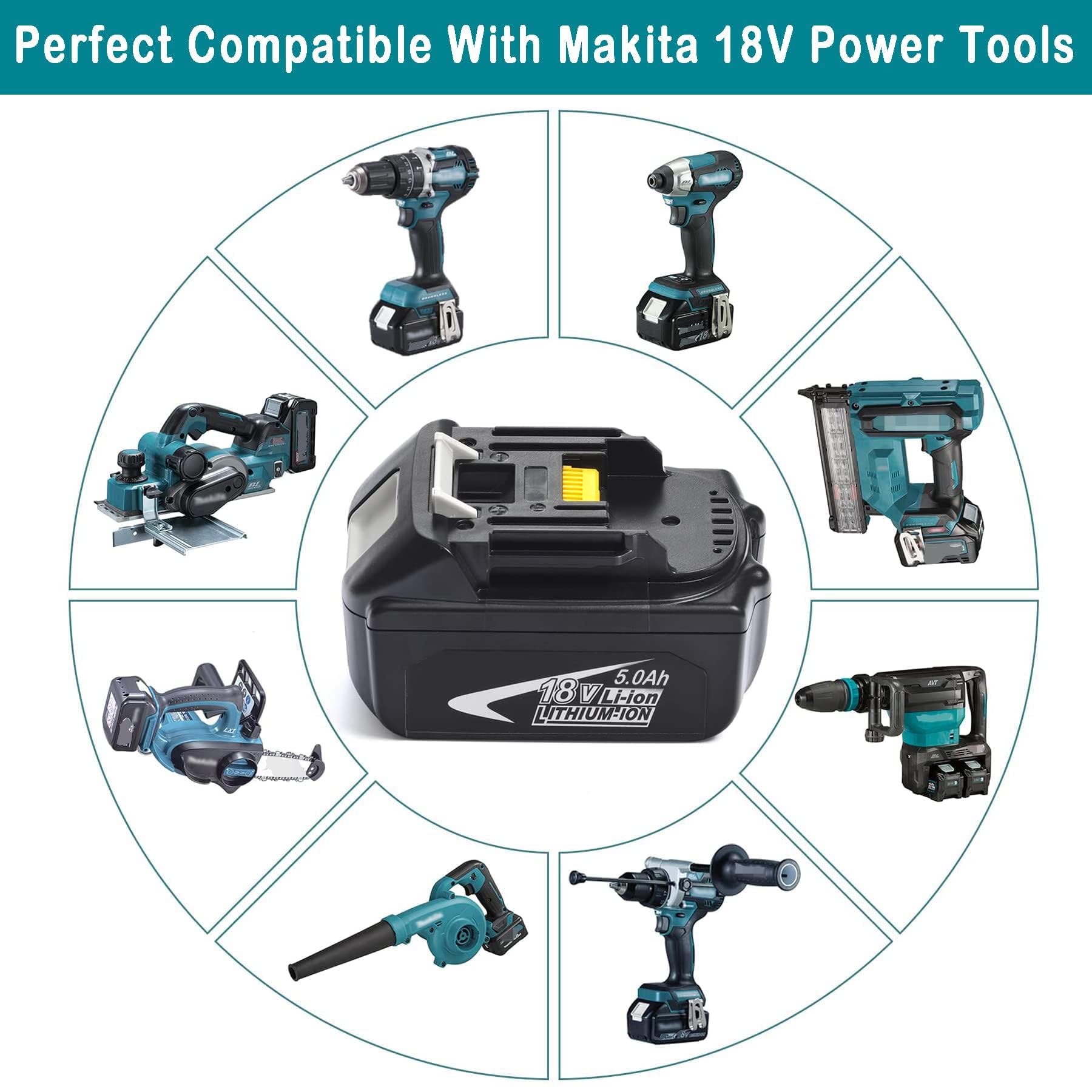 Confezione da 2 batterie di ricambio 18 V 5,0 Ah per Makita 18 V BL1860B BL1820B 1830B 1840B 1850B, compatibile con attrezzi Makita da 18 V, adatto per caricabatterie originale Makita da 18 V