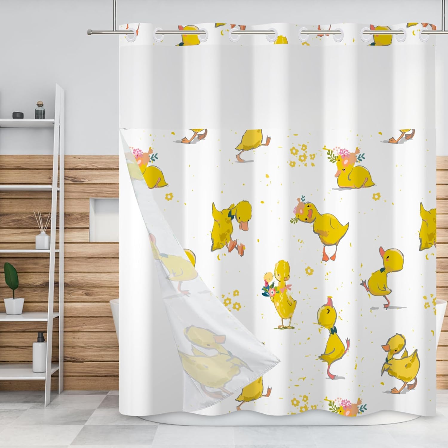 Baocicco No Hook Cartoon Baby Duck Shower Curtain with Snap in Liner Lovely Yellow Baby Duck Decorative Double Layers with See Through Mesh Top Window Hotel Shower Curtain and Liner Set 71x83 Inch