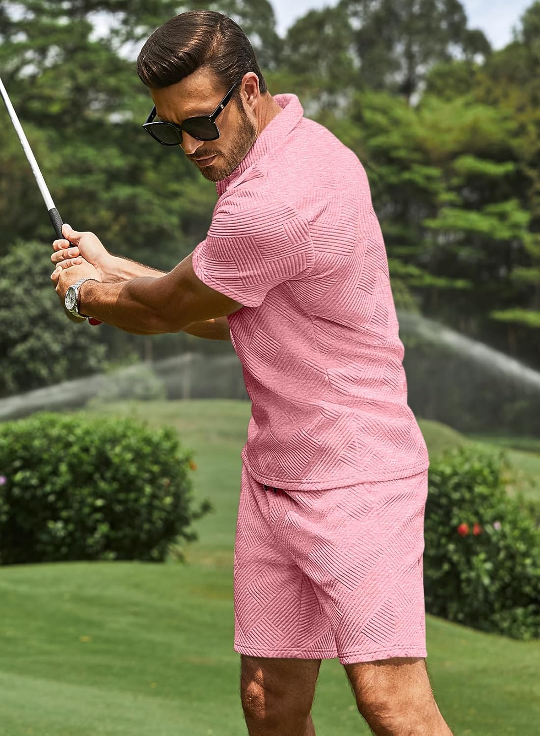 JMIERR Men's Tracksuits 2 Piece Outfits Casual Sweatsuit Textured 1/4 Zip Short Sleeve Golf Polo Shirt and Short Sets - Image 4