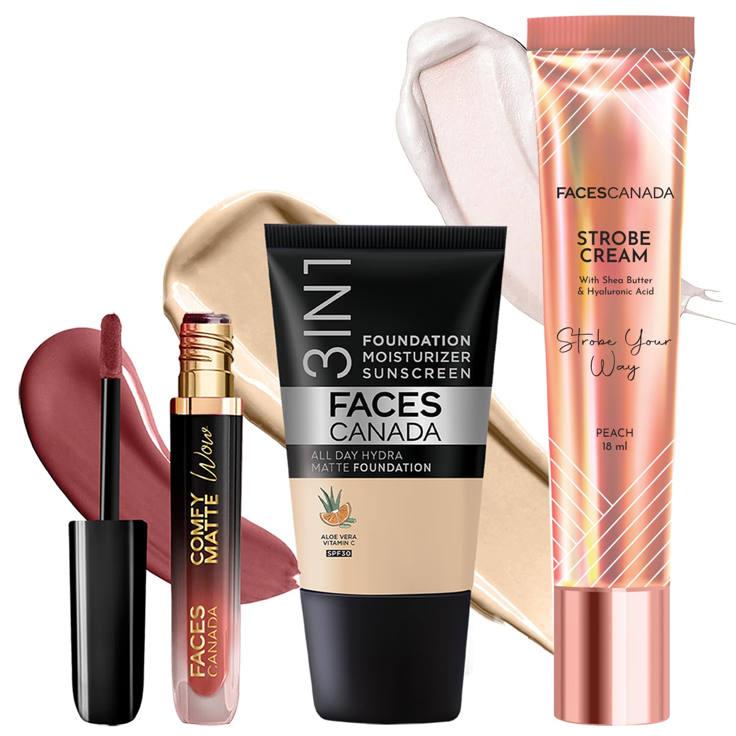FACES CANADA Nude Glam Kit: Peach Strobe Cream, 18ml + Hydra Matte Foundation - Absolute Ivory, 18ml + Comfy Matte Wow Liquid Lipstick - Choco Couture, 3.8ml | Illuminating & Glowing Makeup Kit-image-13