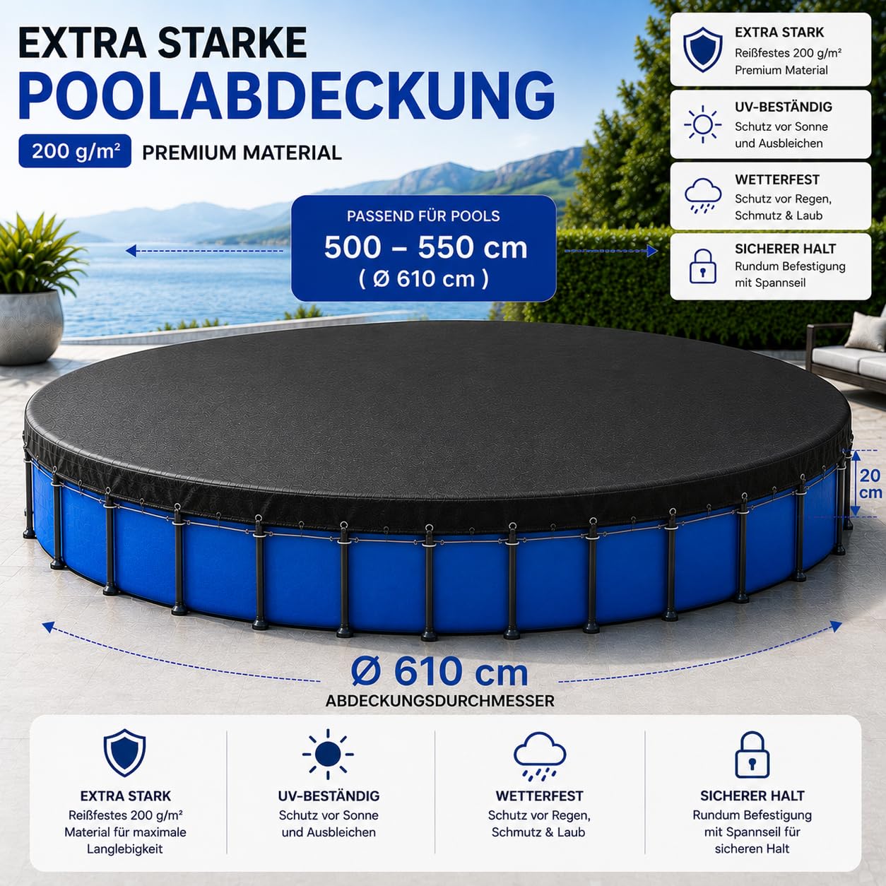 Cubierta para piscina redonda, extragruesa, 200 g/m², resistente a los rayos UV, solar para verano e invierno, lona negra para piscina (500 – 550 cm (diámetro 610 cm)