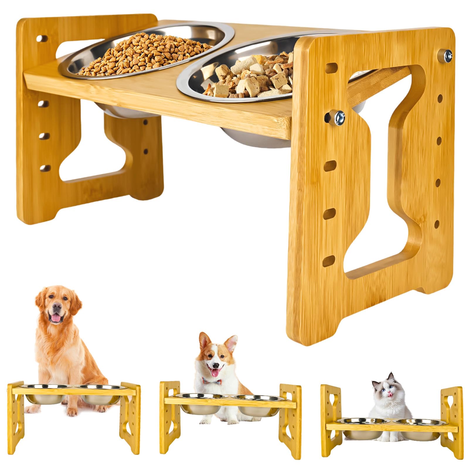 Gamelle surélevée pour chien - Antidérapante - Hauteur réglable - Avec support - 5 mangeoires réglables - Avec 2 gamelles en acier inoxydable - Pour chiens de petite, moyenne et grande taille