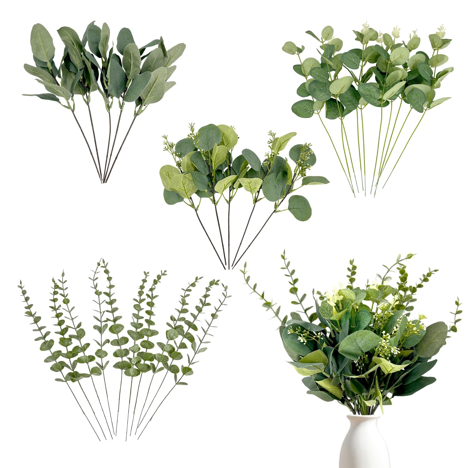 Holyenten 30 Pcs Eucalyptus Stems Bulk, 4 Kinds Mixed Artificial Silver Dollar Eucalyptus Greenery Branches for Wedding Centerpieces, Floral
