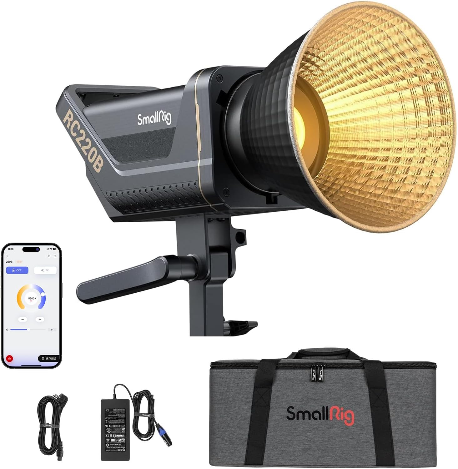 SmallRig RC 220B 220W Bi-Color LED Video Light 2700K-6500K 84500 Lux@3.3ft Continuous Lighting CRI 95+ TLCI 96+ w/Bowens Mount, Manual and App Control Remotely Professional Studio Spotlight