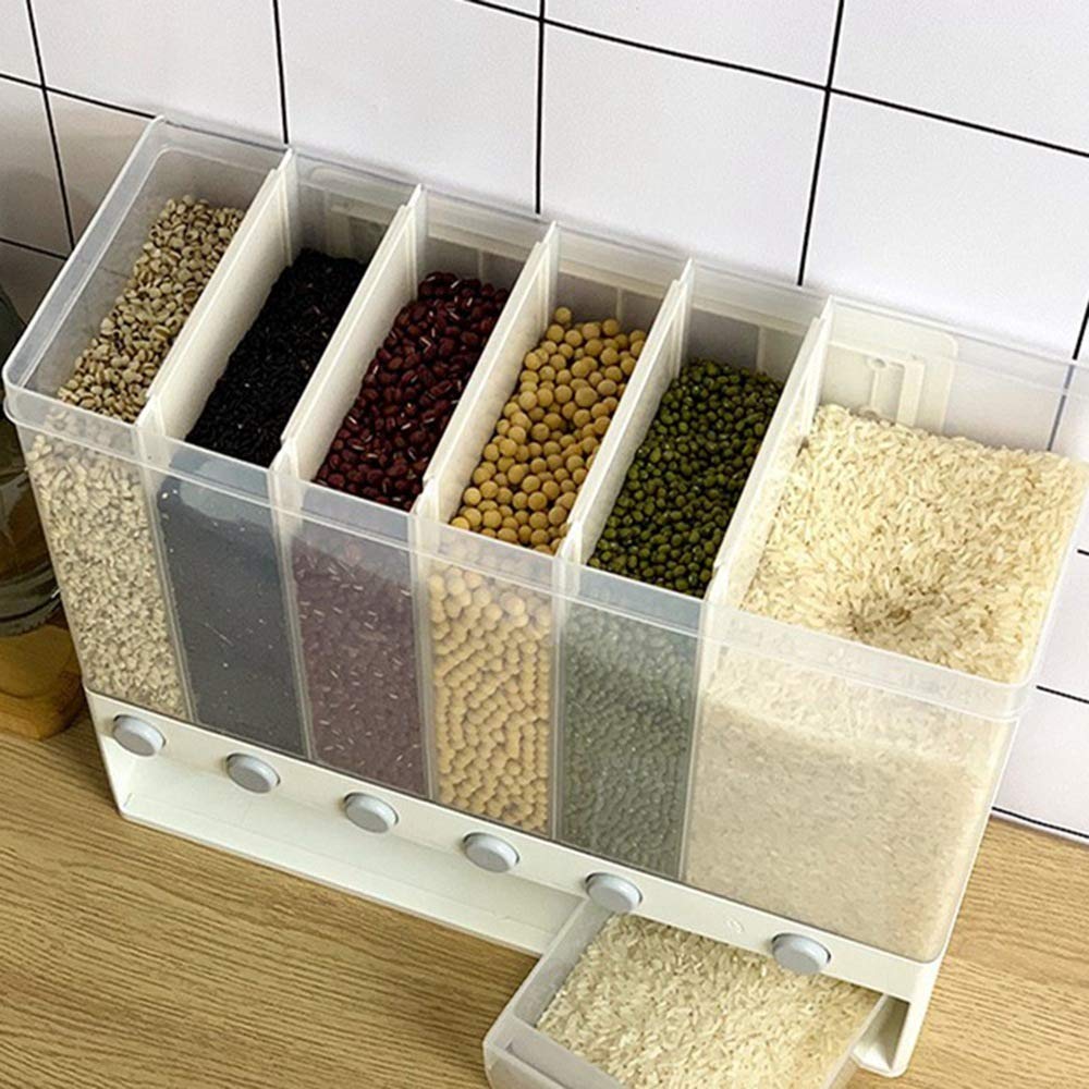 Distributeur de Riz et de CéRéAles Divisé Mural 10KG 6 Supports Automatiques en Plastique éTanche Une L'Humidité BoîTe de Rangement des Aliments ScelléE