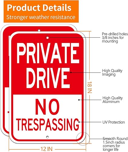 Miniatura 2 de private driveway sign, (2 Pack) 12'' X 18''Private Drive No Trespassing Sign, Rust Free Heavy Duty Aluminum Private Road Reflective Warning Signs,