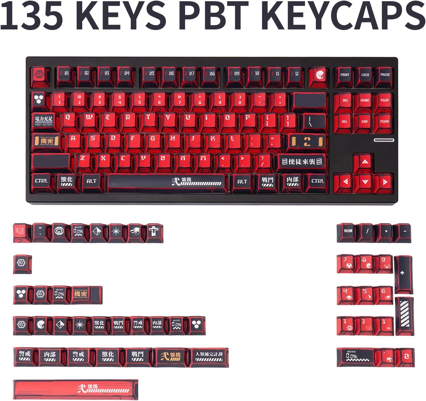 135-Key Manga Anime Keycaps Set, Black Red PBT Keycaps, Cherry Profile, Dye-Sub Custom Hand-Drawn Design, Compatible with ANSI Layout Mechanical Keyboards