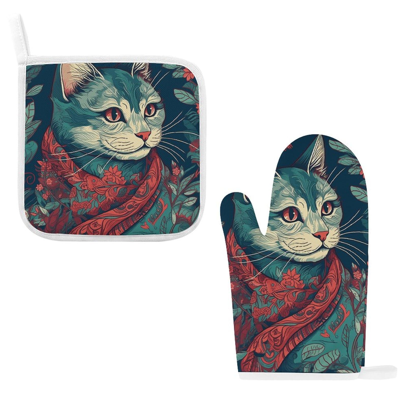 Set De 3 Pièces : Gants De Four Et Manique Motif Chat Et Cœurs - Résistant à La Chaleur Pour Cuisine Et Barbecue
