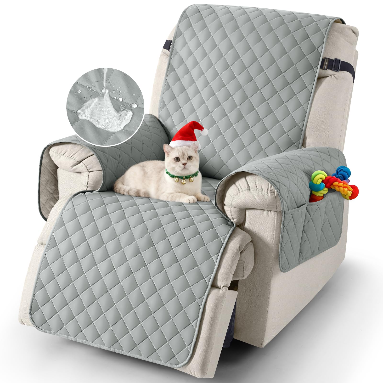 TAOCOCO Recliner Slipcovers,100% Waterproof Recliner Covers,Armchair Covers with Pockets,1 Seater Armchair Slipcovers,Non Slip Reclining Sofa Covers Arm Chair Covers for Pets(Grey)