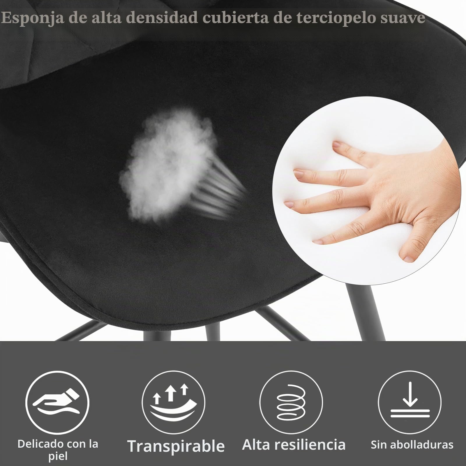 EUGAD Taburetes Altos de Cocina con Respaldo, Negro | Set de 2, para Bar y Cafetería, Terciopelo