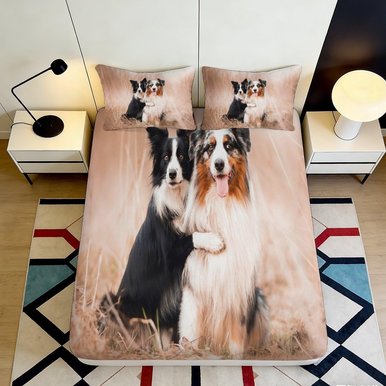 3D Printed Australian Shepherd Dogs Fitted Sheet Microfiber Soft Durable 3D Printed Border Collie Bed Cover for Bedroom Dormitory Guest Room Mattress Protection 140x200x25cm