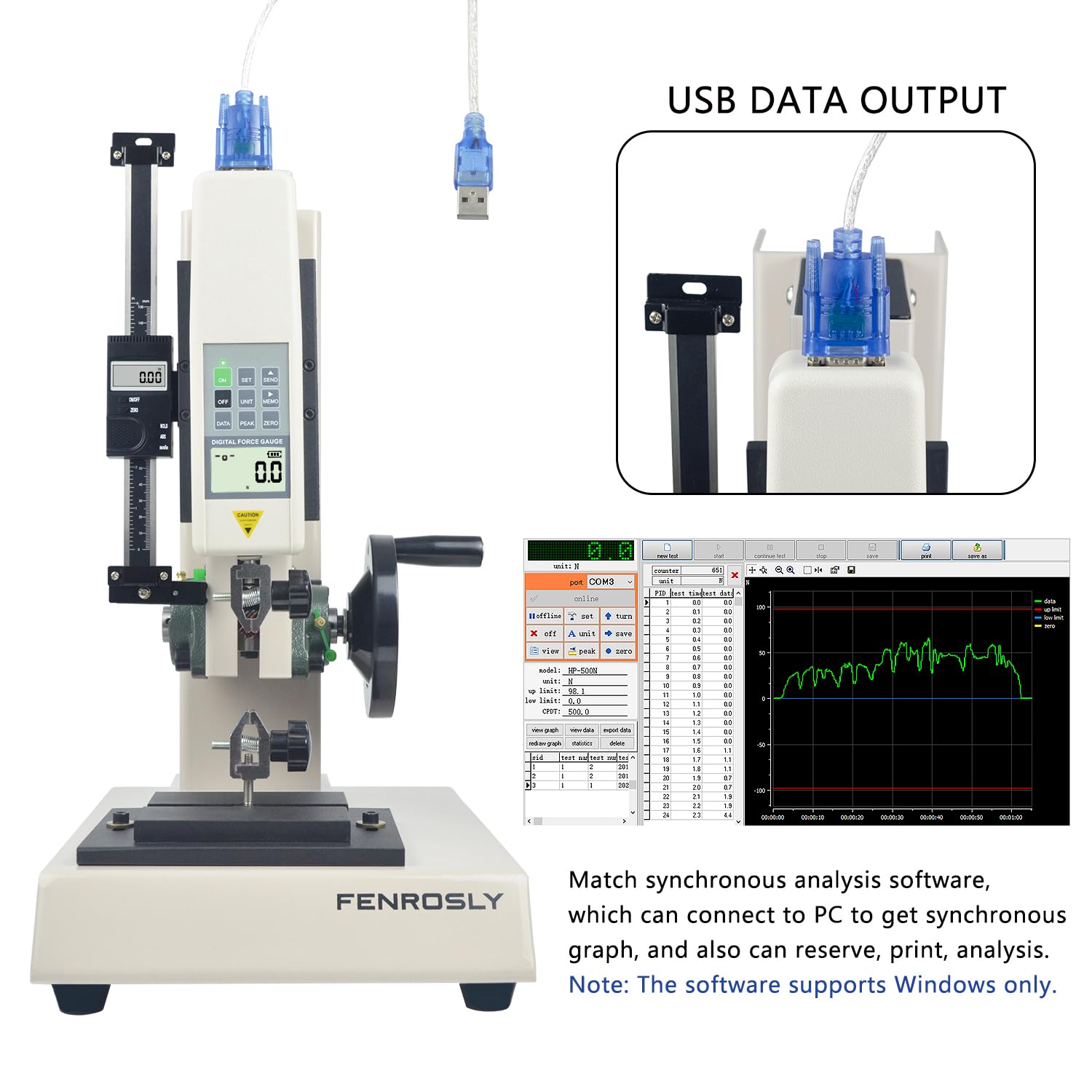 Digital Force Gauge 500N Push Pull Gauge with Force Gauge Stand Wheel-Operated Manual Push Pull Test Stand