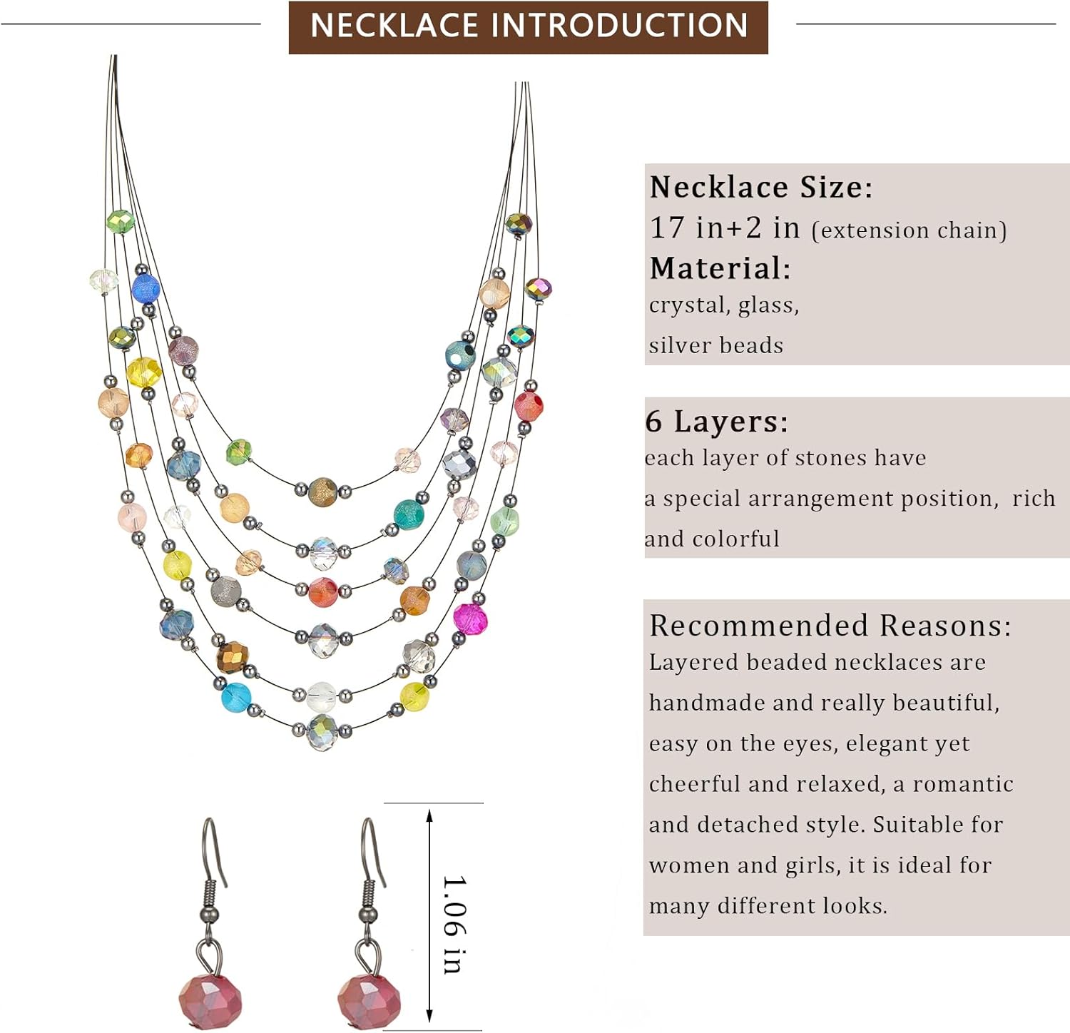 Crystal Beaded Statement Necklace for Women Boho Colorful Multi-Strand Necklace and Earring Sets for Women Fashion Jewelry Gifts for Mom - Image 5