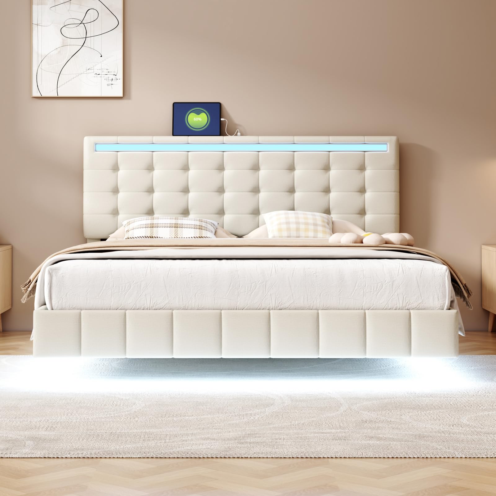PerGar Cama tapizada 160x200 cm, Marco de Cama somier Flotante Acolchado con Luces diseño de cabecero, hidráulico con Espacio de almacenaje, Multifunción con Toma USB y luz LED, Lino (Beige, 160x200)