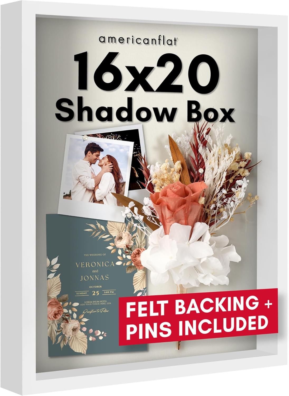 americanflat 16x20 shadow box frame with polished plexiglass - silhouette collection - large shadow box display case for tabletop and wall display - white with soft felt back white 16x20