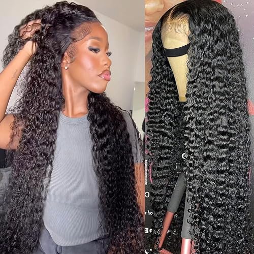 LYILYI 200 density 13x6 Water Wave Lace Front Wigs Human Hair Pre Plucked Glueless Wigs Human Hair Deep Cury HD Transparent 13x6 Full Lace Frontal Wigs Brazilian Virgin Hair Wigs Natural Black 28inch