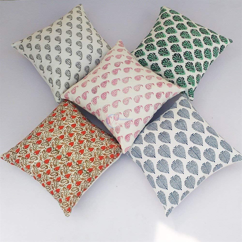 Indacorify Traditional Jaipur Set Of 5 Hand Block Print Fabric Indian Cushions Pillow Covers Decorative Throw Pillowcases Handcrafted Outdoor Cushion Cover Boho Pillow Shams (20 X 20 Inches)
