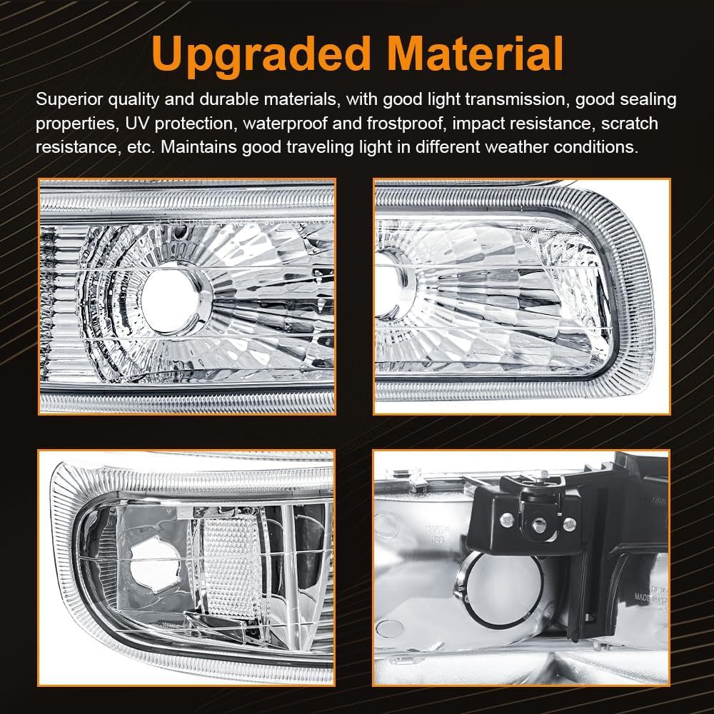 Headlight Assembly, Compatible with 1999 2000 2001 2002 Chevy Silverado 1500 2500/2001-2002 Silverado 1500HD 2500HD 3500HD Chrome Housing Clear Reflector