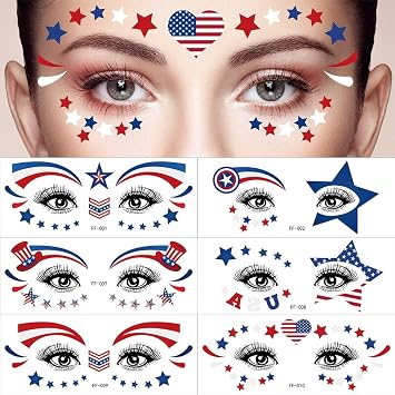 4th of July Face Tattoo Stickers Independence Day Face Eye Tattoo Sticker Waterproof American Flag USA Star Patriotic Memorial Day for Adult Kids Make Up Party Parade10 Sets