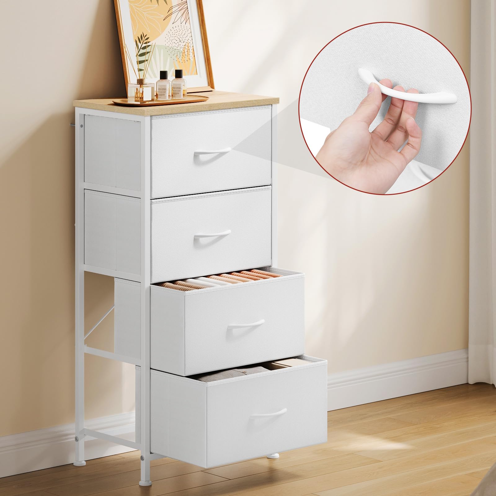 WOLTU Cajonera de Tela, Cómoda 4 Cajones, Armario con Cajas, Organizador de Juguetes, para Dormitorio, Salon y Habitación Infantil, Marco de Metal, Blanco, SSK011ws