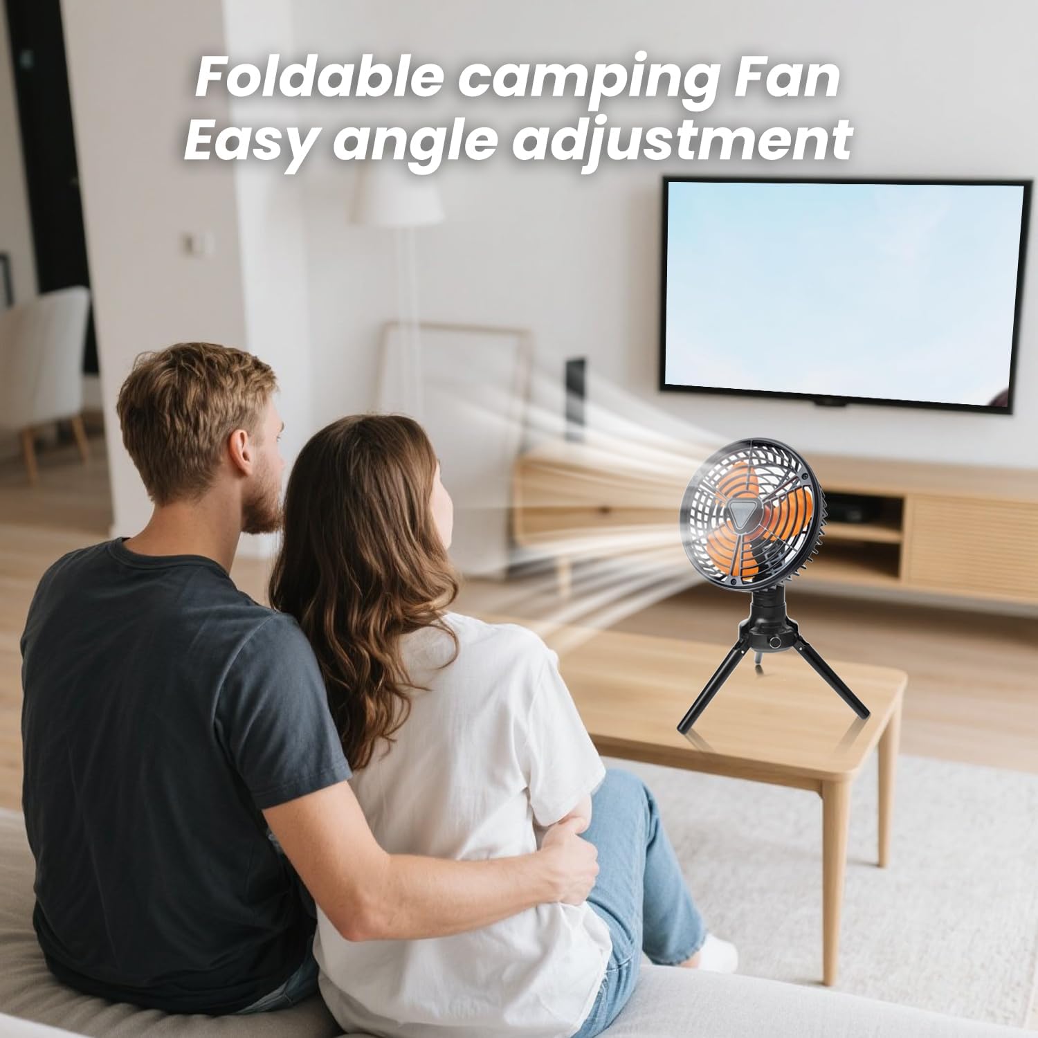 The CCGIRU Portable Rechargeable Fan, Model A-30, positioned on a table with its tripod legs extended, demonstrating its adjustable angle for directed airflow.
