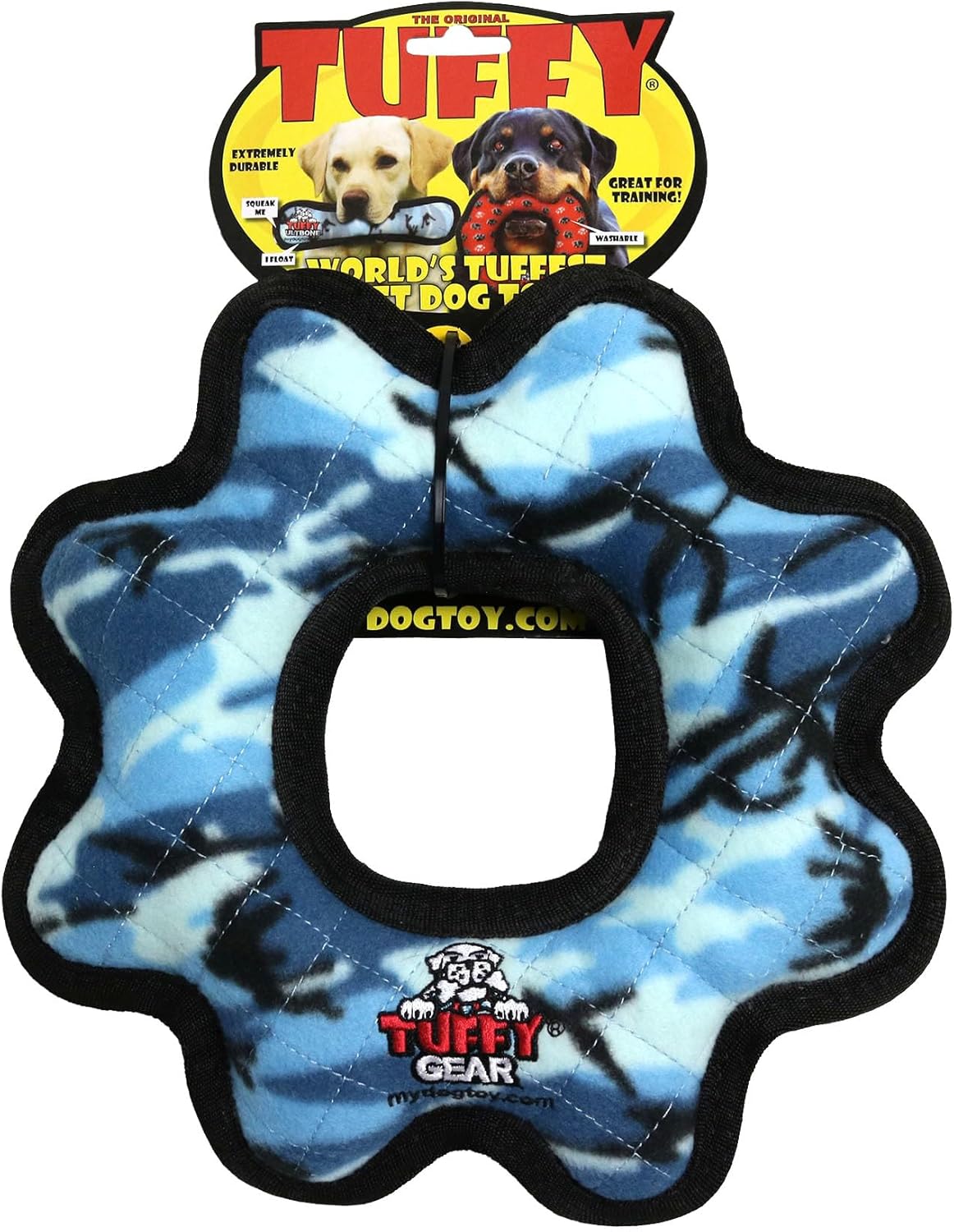 TUFFY-World's Tuffest Soft Dog Toy- Ultimate Rings & Gears - Squeakers .Made Durable,Strong & Tough. (Tug,Toss & Fetch).Machine Washable & Floats (Gear Ring Camo Blue, Large 2 Pack)