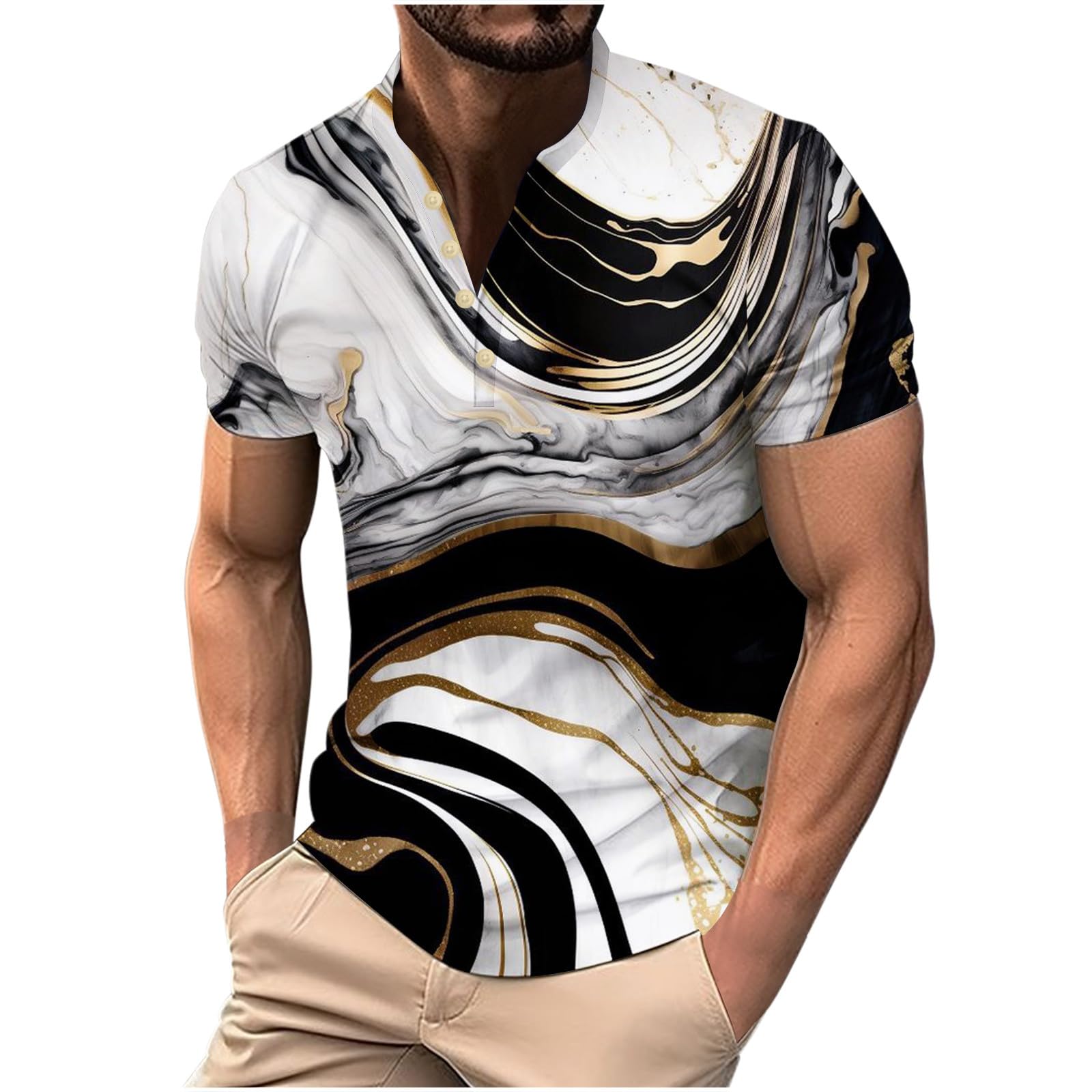 NUSGEAR Camiseta de Manga Corta Hombre 2024 Polo Camisa Casual degradados Slim fit Cuello Redondo Botones Moda Original Deportivos Fitness Gym T-Shirt Camisa Slim Fit Fiesta Tops tee Talla Grande