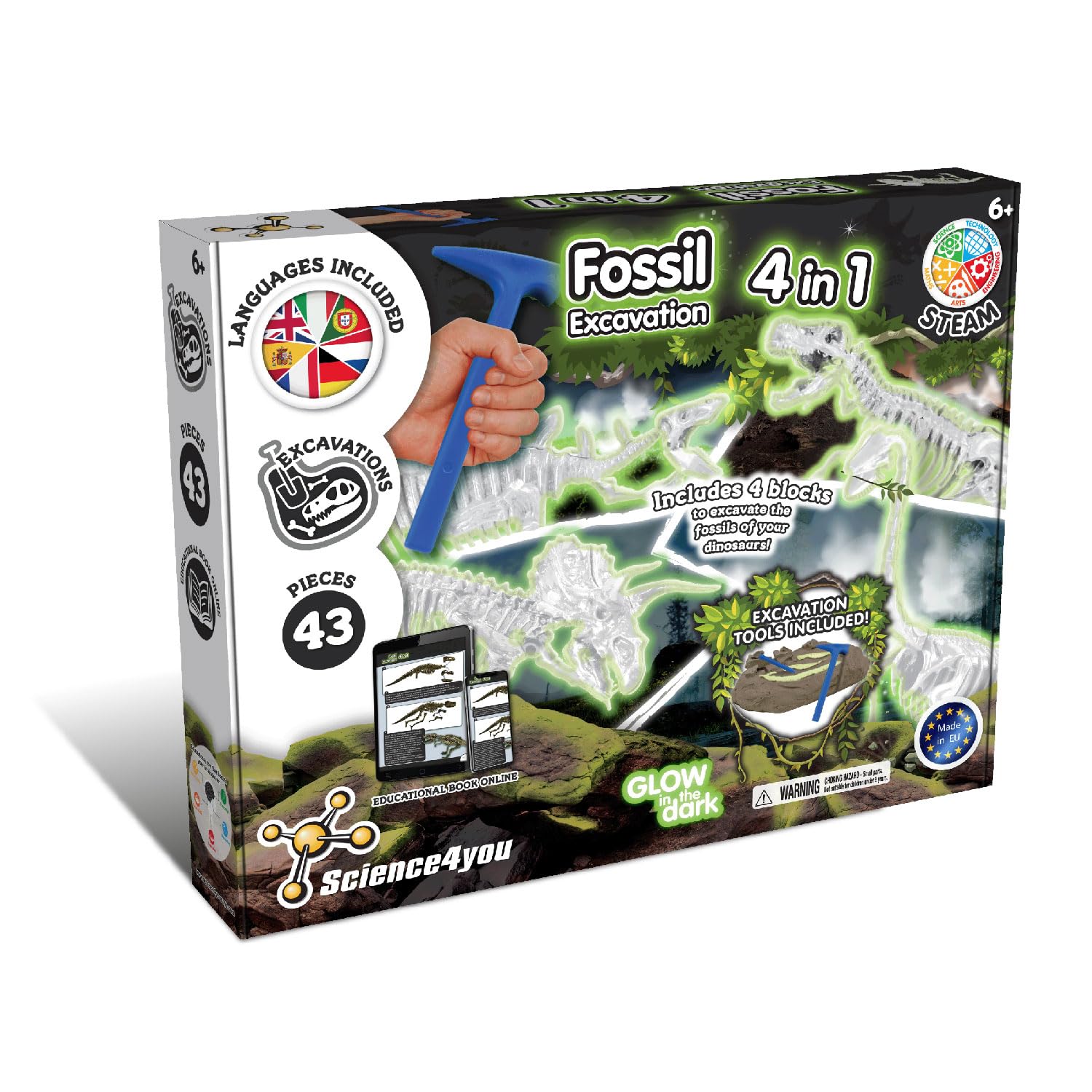 Science4you Dinosaur Fossil Excavation Kit 4 in 1 - Glow-in-the-dark Fossil Digging Kit for Kids, Build 4 Dinosaurs, 43 Pieces Archeology Set, Toys & Games Gifts for Boys and Girls Age 5 6 7+