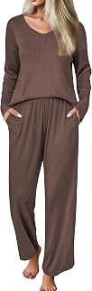Womens Pajama Set Ribbed Knit PJs 2 Piece Lounge Set Long Sleeve Top and Pants Comfy Sleepwear with Pockets