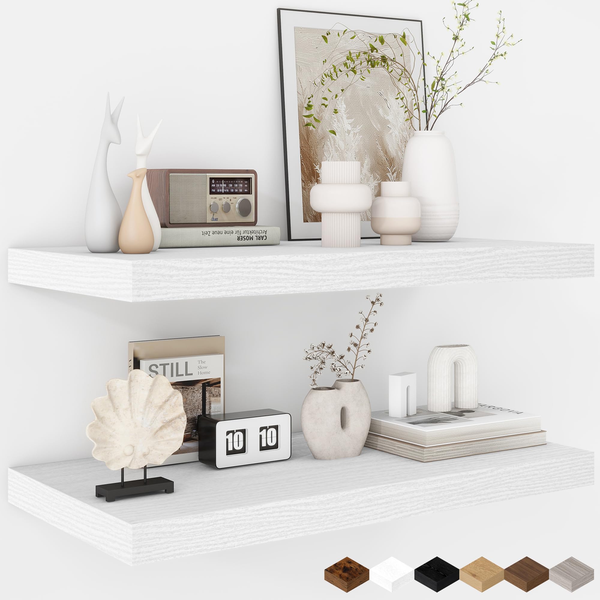 Fun Memories Floating Shelves - 2 Pack 12 Inch Deep Rustic Wooden Wall Shelves - Extra Deeper & Thicker Wall Mounted Storage Shelf for Living Room, Kitchen, Farmhouse - 24" W x 12" D x 1.5" H - White — image 1