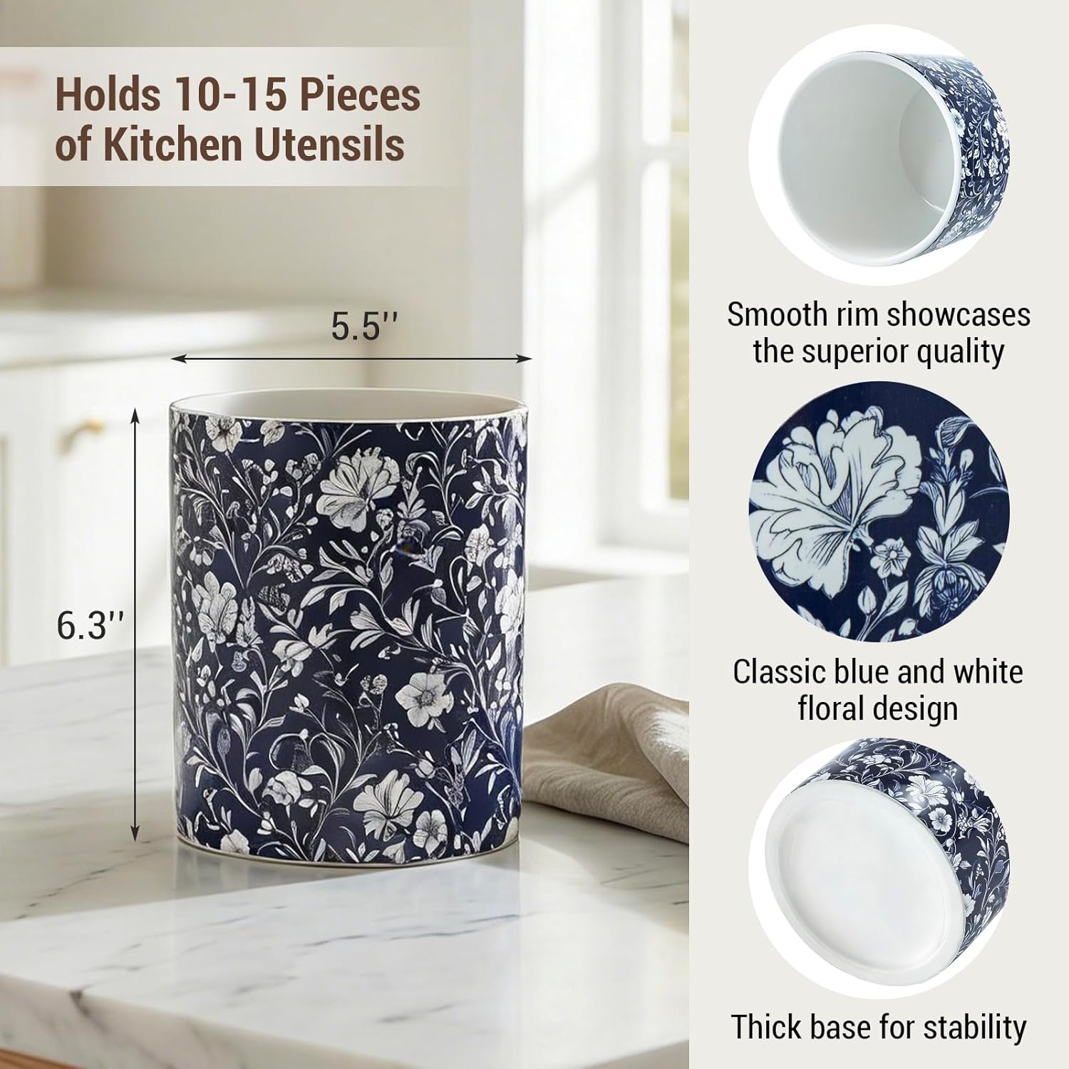 MyGift Ceramic Kitchen Utensil Holder with Blue and White Floral Design – Decorative Crock for Cooking Utensils, Flatware, and Countertop Storage