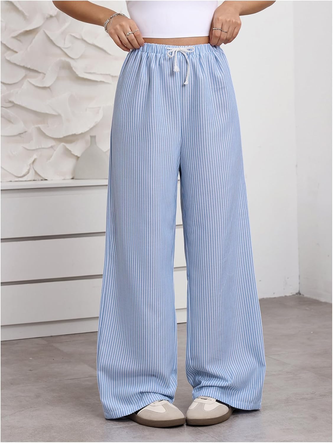 Women's Striped Print Straight Wide Leg Linen Pants Drawstring Waist Slant Pockets Pants Casual Long Pants - Image 5