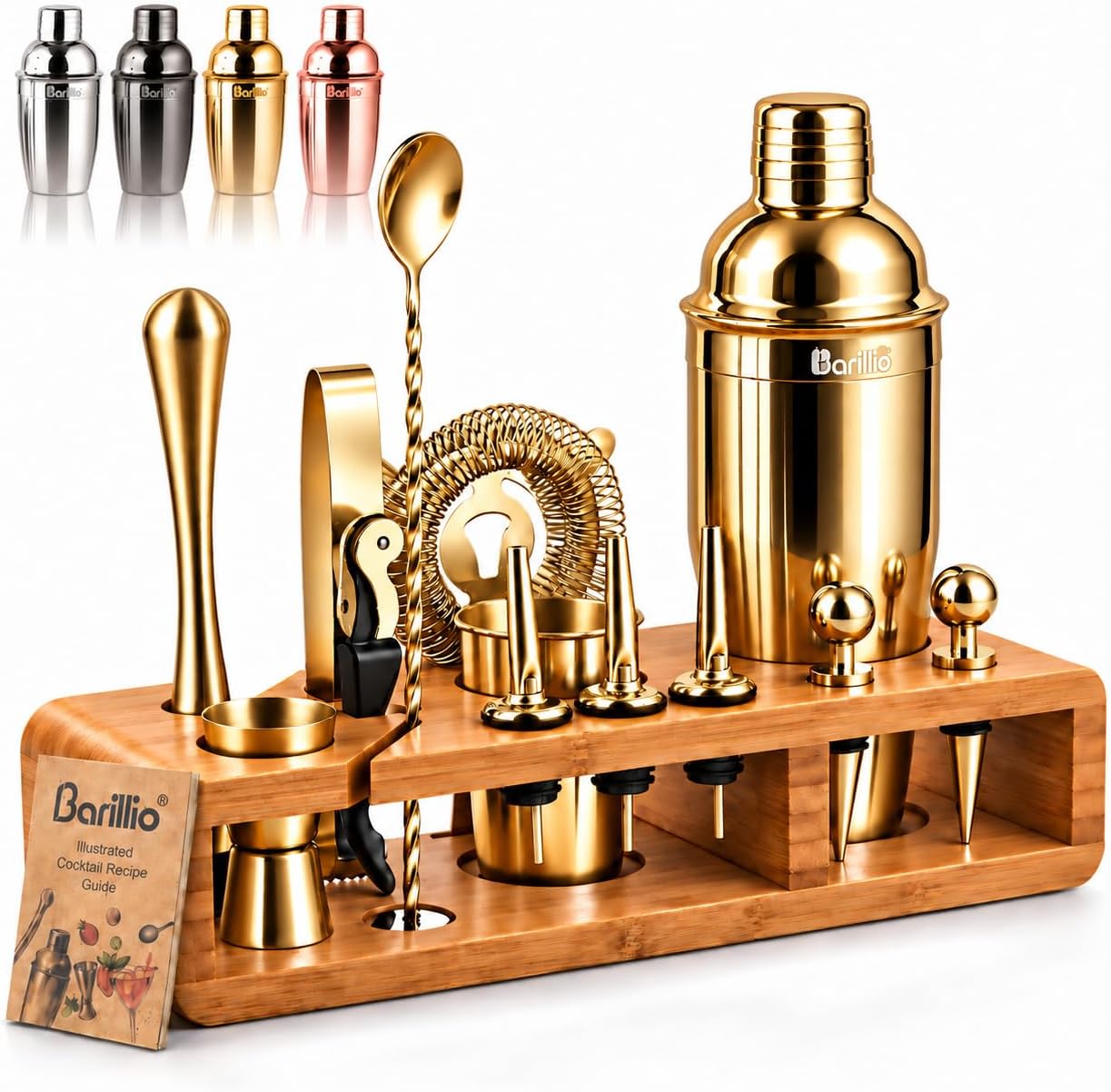 Barillio Gold Bartender Kit - Stainless-Steel Cocktail Shaker Set w/Bamboo Stand - Mixology Bar Tools w/Drink Shaker, Mixer Spoon and Muddler for Cocktails - Home Bar Accessories - 23-Pc Bar Set