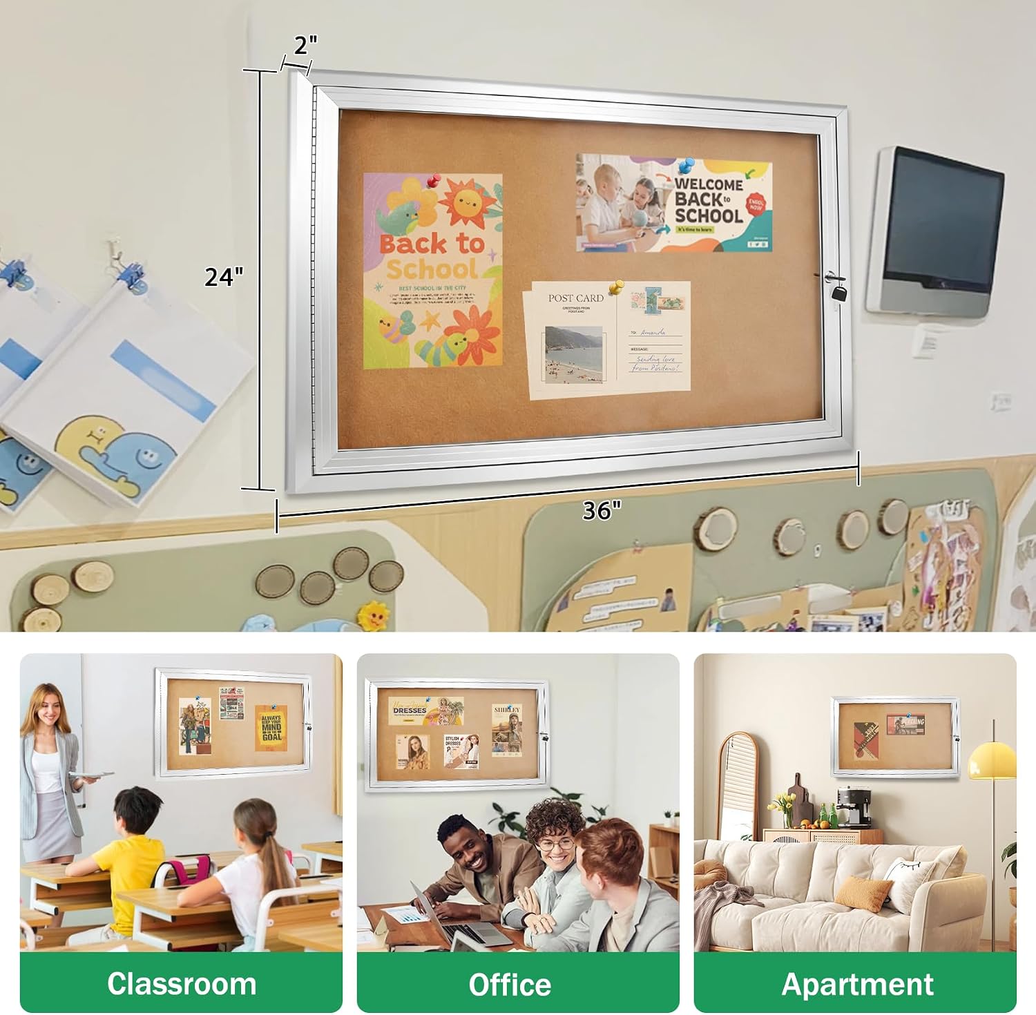 24"x36" Upgrade Enclosed Bulletin Board, Enclosed Bulletin Board with Locking Door, Outdoor Display Case Weatherproof, Acrylic Door, Aluminum Frame, for Schools, Offices, and Apartments, Brown