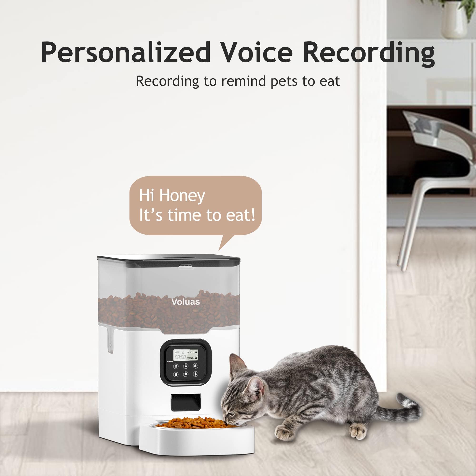 VOLUAS Automatic Cat Feeders - Cat Dry Food Dispenser with Timer, Automatic Cat Feeders with Desiccant Bag, Programmable Portion Size Control 4 Meals Per Day, 10s Voice Recorder