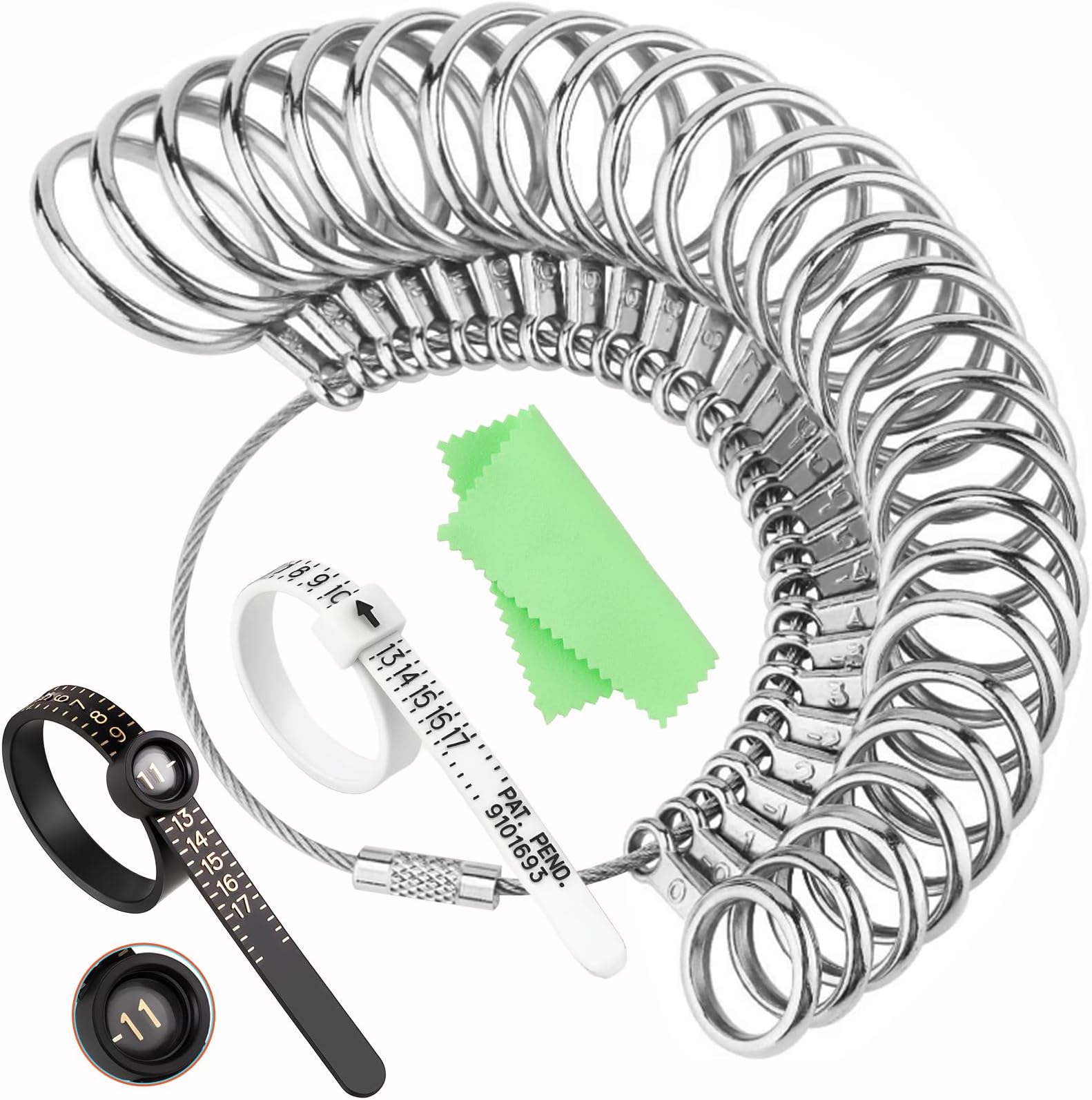 UUBAAR Ring Sizer Measuring Tool Kit, 27PCS Stainless Steel Ring Sizing Gauge Measurer, US Size 0-13 with Half Sizes, 2 Reusable Finger Sizer Belts US 1-17(1 with Magnifier), Men Women Wedding Jewelry