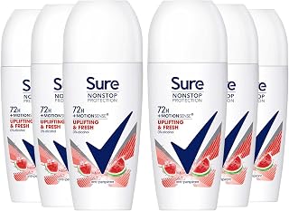 Sure Women 72H Motion Sense Antiperspirant Deodorant Roll-on with 0% Alcohol Nonstop Odour Protection, Uplifting & Fresh 50ml (Pack of 6)