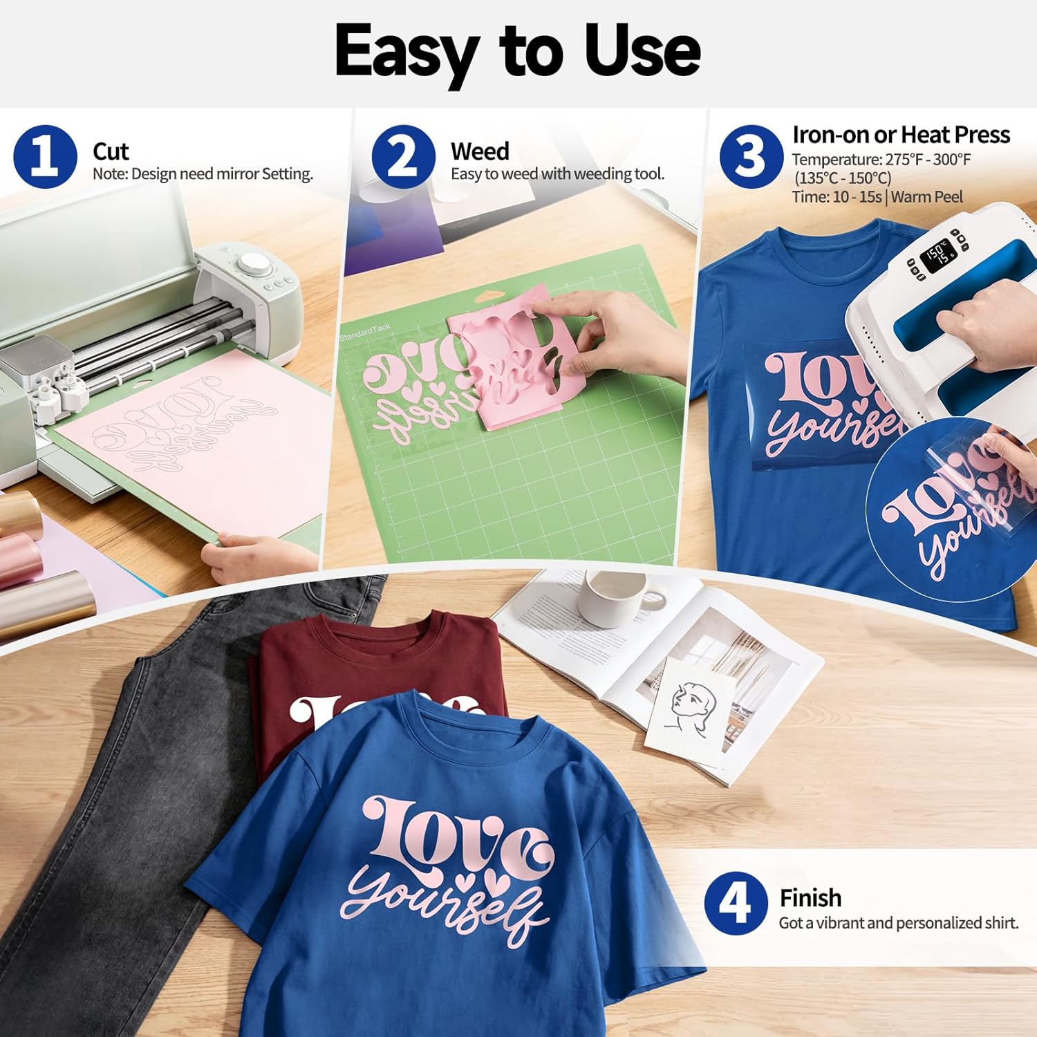 TECKWRAP Heat Transfer Vinyl for T Shirts, Clothes, Bags & Pillows, 33 Sheets 12"x12" PU HTV Iron On Vinyl, Easy to Cut & Weed, DIY Craft Vinyl, Compatible with Most Cutting Machines