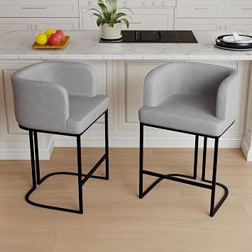 Set of 2 Modern Barrel Bar Stools, 26" Velvet Counter Height Stools with Comfy Backrest and Arms, Metal Frames for Counter, Kitchen Island, Pub, Grey