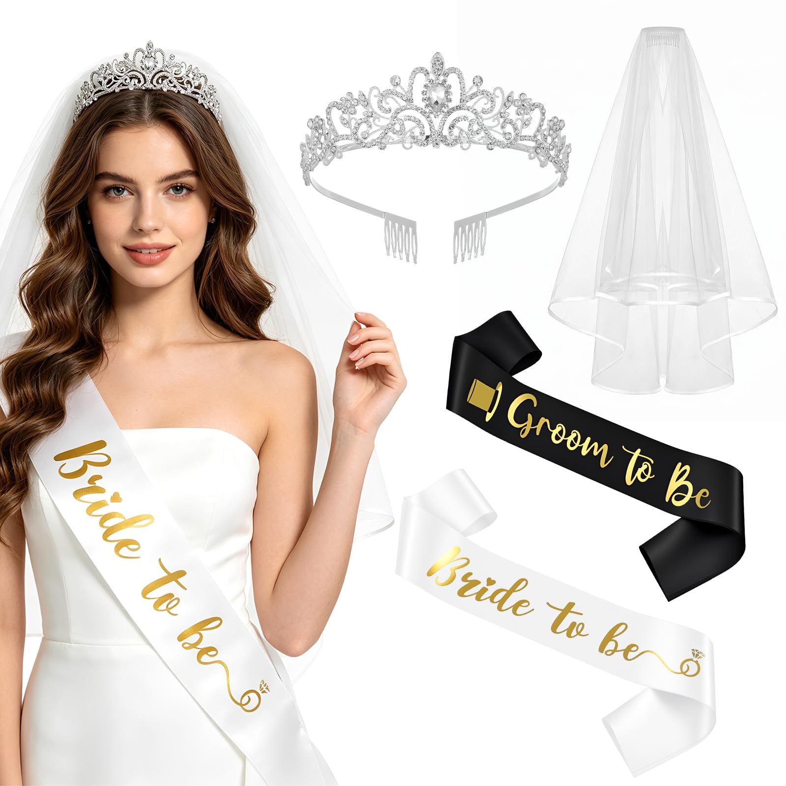 GLGHMH 4PCS Bride to Be Hen Party Accessories Set with Veil Comb, Crystal Tiara Headband, Bride Sash Groom to Be Sash, Bridal Shower Decorations Engagement Celebration Outfit Kit