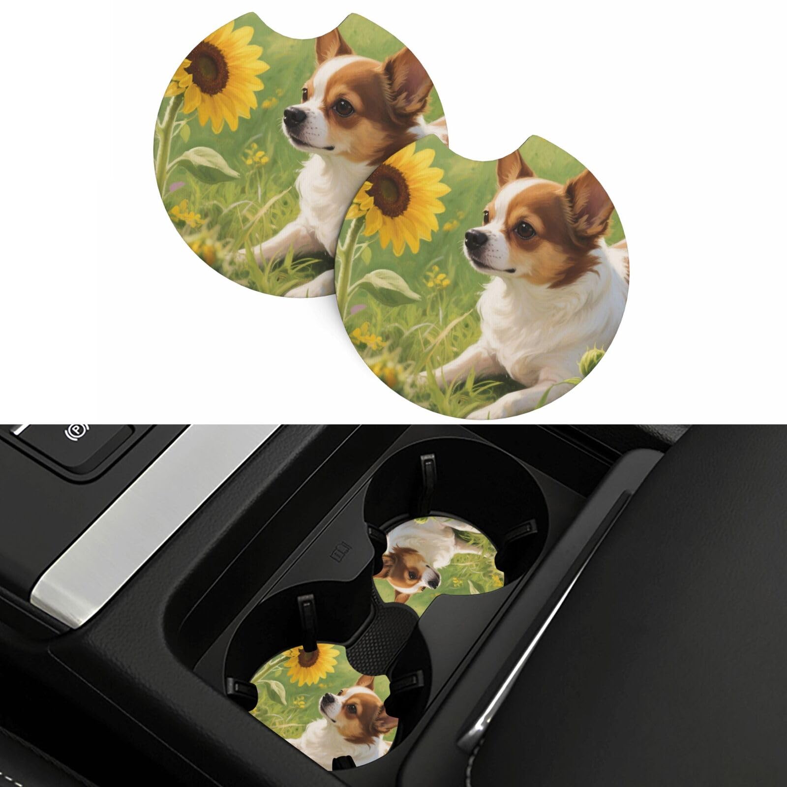 2 Pack Car Coasters,2.7" Universal Car Cup Holder Coasters Non-Slip Neoprene Cup Pad Mat Coaster Car Interior Accessories for Women Men Chihuahua Dog Sunflowers