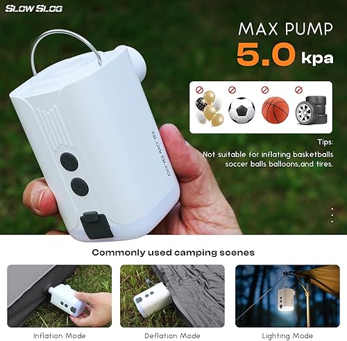 Miniatura 4 de Bomba de aire eléctrica portátil con luz de campamento, bomba de aire de mochilero de 5 Kpa para infladodesinflado rápido, ideal para colchón de
