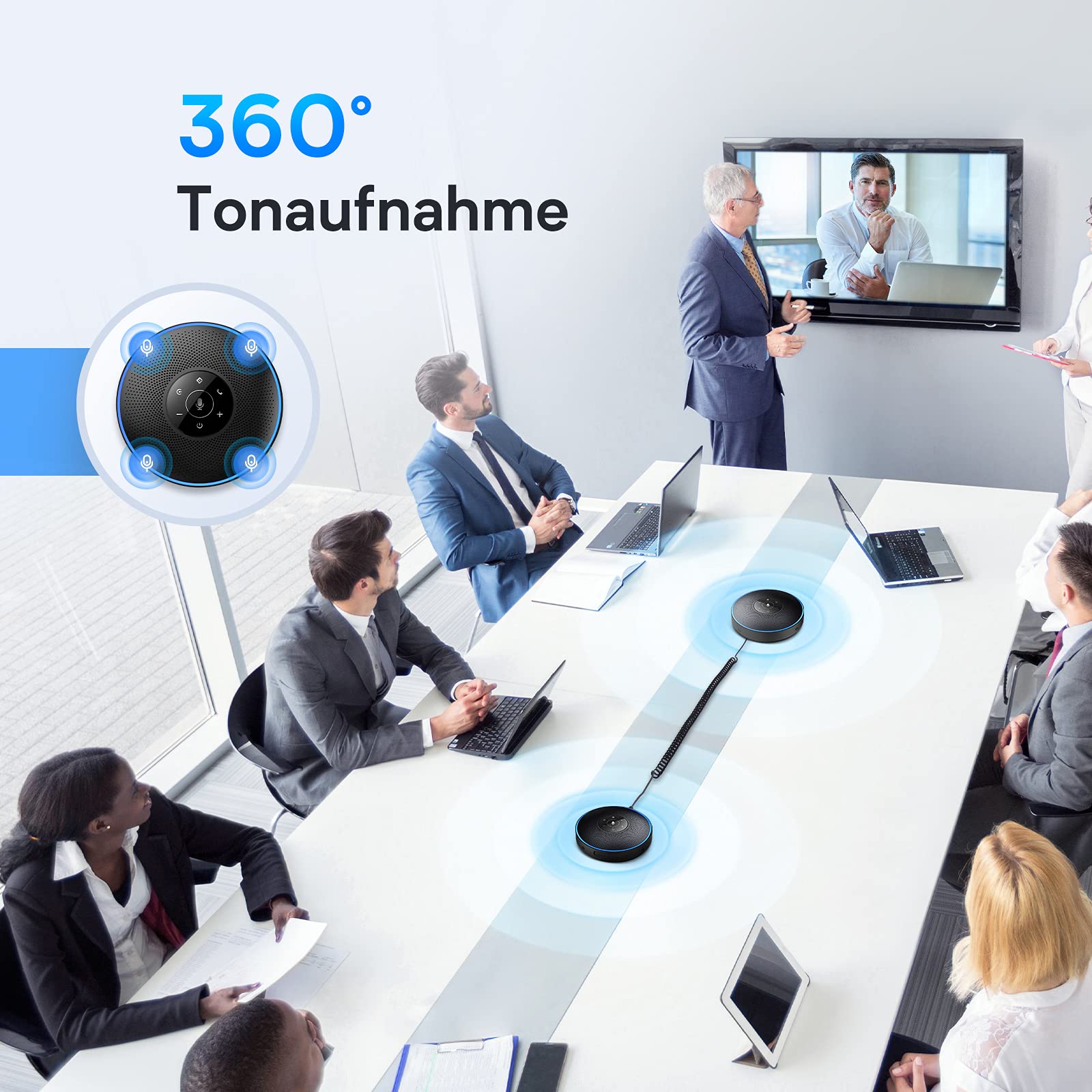 EMEET Bluetooth-Conferenzsprecher-Set 2x Sprecher mit Kabel, 360°-Recognition, für Anrufe, Konferenzen, Online-Seminare - Dettaglio